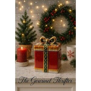 ‘06 Gibson Christmas Gift Box Cookie Jar Handpainted Ceramic Holiday Kitchen NIB